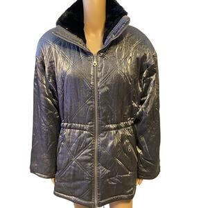 Vintage Climate Zone Women L Puffer Coat Jacket Metallic Silver Faux Fur Fullzip